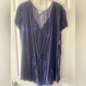Sonoma 3x Indigo and Periwinkle Short Sleeve Top with Tasseled Tie at Neck